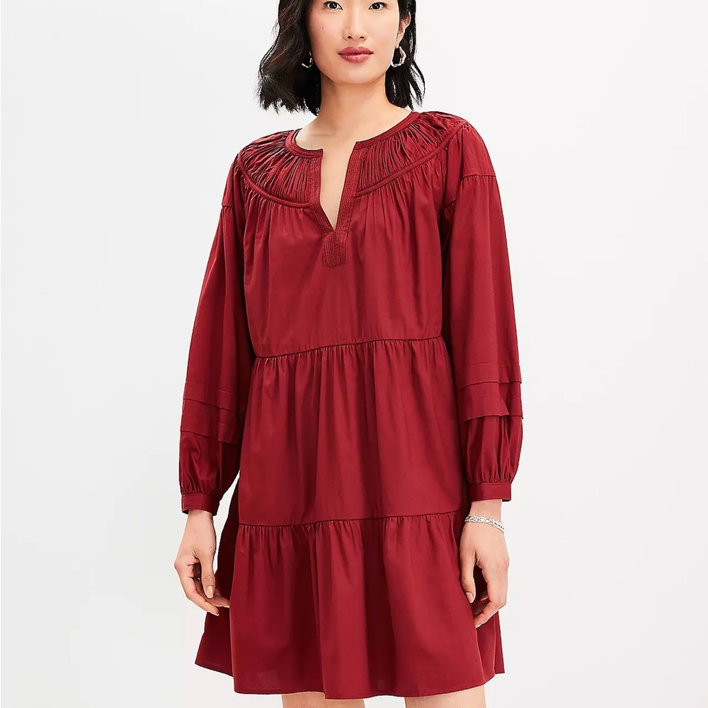 Loft Woman Tiered Split Neck Swing Dress Russet Petite XXS